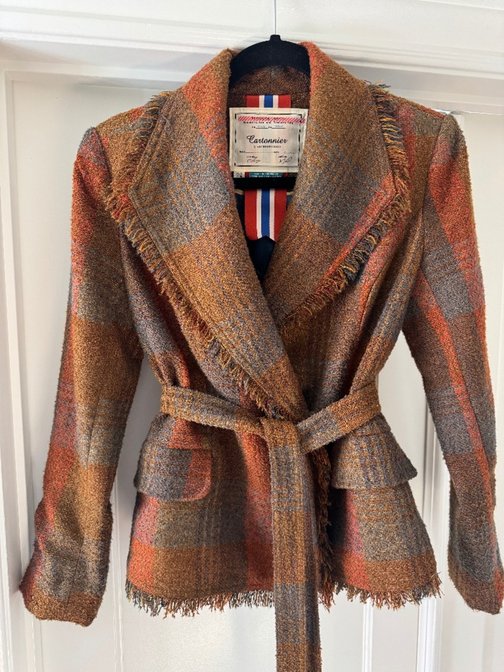 Anthropologie Cartonnier Plaid Wrap Fringe Tweed Jacket Blazer Womens US 6